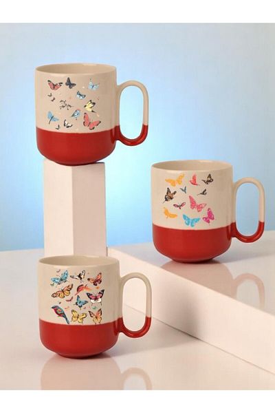 lili hediyelik Butterflies Printed 3-Piece Red Base Ceramic Mug Cup Gift Coffee Mug
