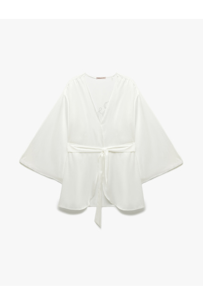 Koton Double Breasted 3/4 Bat Sleeve Bridal Satin Dressing Gown with Sash Detail