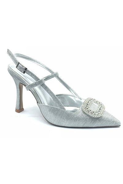 KOCAMANLAR Feles Stone Buckle Detailed Open Back Stiletto Women's Heeled Shoes Silver
