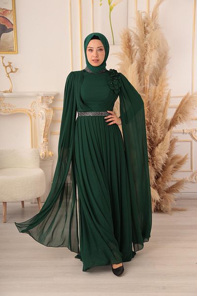 Modamartı Yilidiz Chiffon Evening Dress - Flower Detailed Hijab