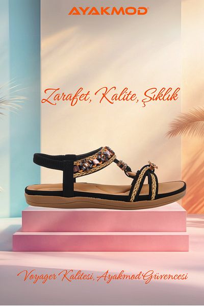 Voyager 9636 Genuine Leather Sole Women's Stone Black Sandals