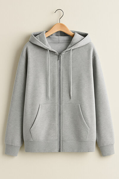 nacar çarşı Ck Butik Unısex Kapüşonlu Fermuarlı Cepli Ince Penye Gri Basic Sweatshırt Hırka