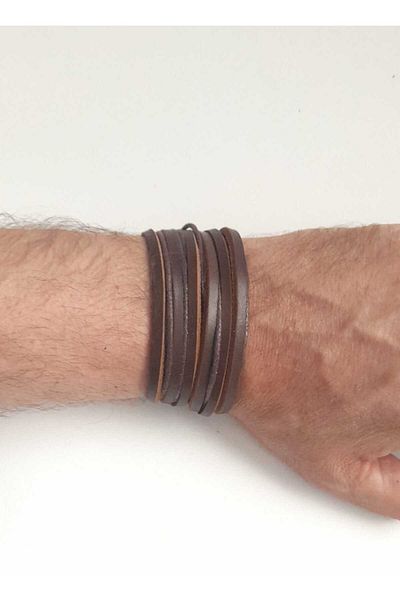 AB Takı Multi-Layer Brown/Brown Handmade 2-Piece Genuine Leather Bracelet