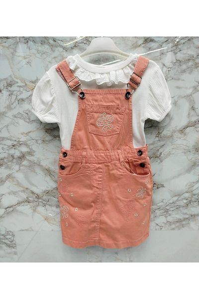 XORVİO Pocketed Girl's Pomegranate Color 2-Piece Set Short Sleeve T-Shirt Adjustable Strap Salopet Butterfly Pattern Dress