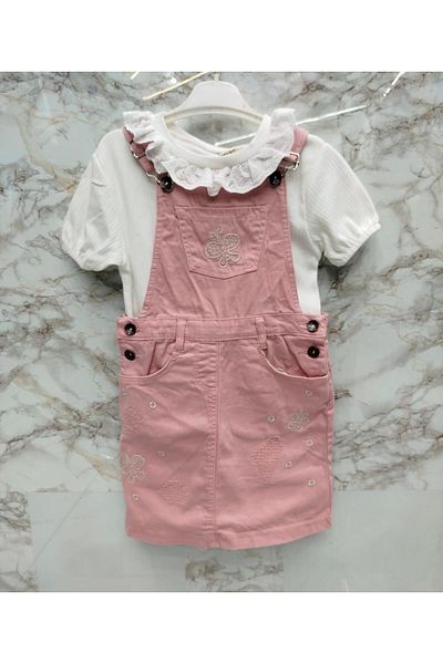 XORVİO Pocketed Girl Salmon Color 2-Piece Suit Short Sleeve T-Shirt Adjustable Strap Salopet Butterfly Pattern Dress