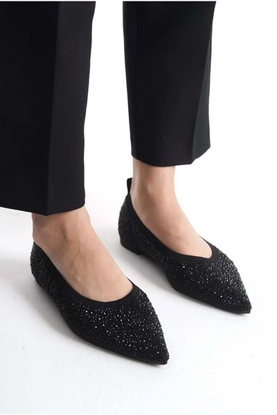 KOCAMANLAR Feles Pointed Toe Stone Detailed Women's Ballerina Shoes Black