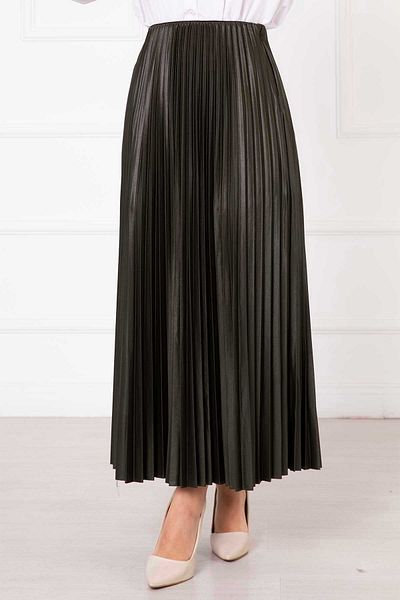 Elifnur Women's Leather Look, Pleated Stylish Skirt