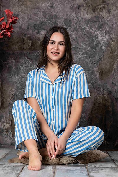 pae Set de pijamale Stella Buttoned Blue White Stripes Lilkral Viscose Homewear
