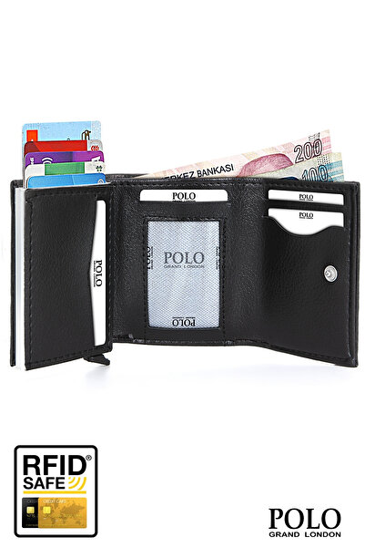 POLOGRAND London Orijinal Otomatik Mekanizmalı Kutulu Rfid Korumalı Hırsızlık Engelleyici Para & Kartlıklı Cüzdan