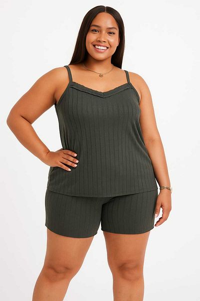 MODA Women's Plus Size Rope Strap Blouse and Shorts Bottom Top Pajamas Set