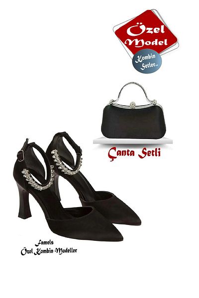 ARZUM SHOES Satin Heeled Evening Dress Shoes and Zircon Stone Chain and Armrest Bag Set