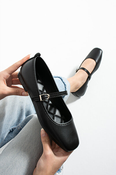 BirEylül Shoes Kadın Siyah Deri Tokalı Babet