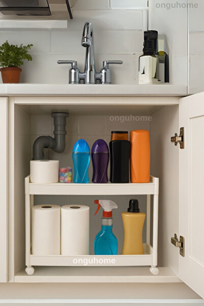 ongu home Çok Amaçlı Tekerlekli Slim Raf 2 Katlı (BEYAZ)