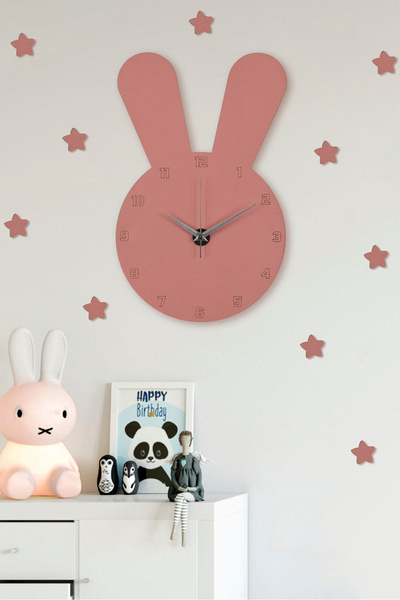 İnfigo Concept Pembe Tavşan Figürlü Ahşap Çocuk Odası Duvar Saati 25x40 Cm (A...
