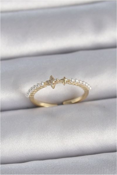 Skygo Brass Gold Color Zircon Stone Star Row Pearl Adjustable Model Women's Ring - Tj-Byk3366