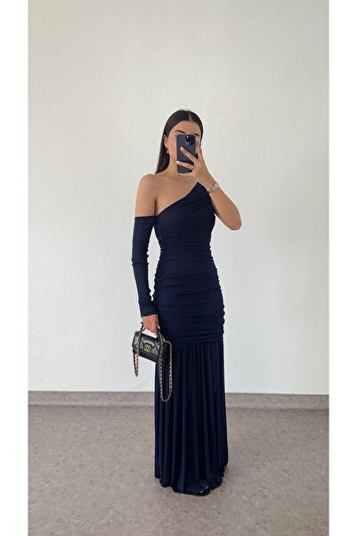 HAZELANNA One-Shoulder Long Navy Blue Dress