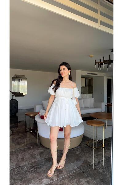 HAZELANNA Beyaz Volanlı Elbise