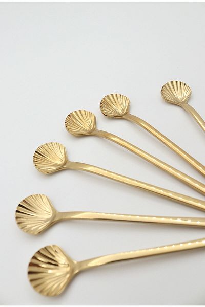 GÜNCEV Set of 6 Gold Mussel Spoons & Teaspoons & Dessert Spoons & Mixing Spoons