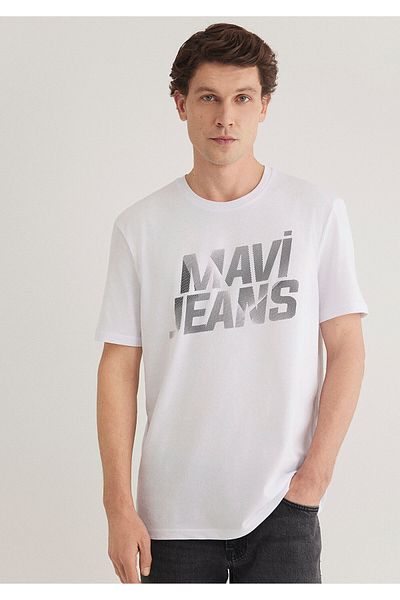 Mavi Weißes T-Shirt mit Jeans-Aufdruck, reguläre Passform / normaler Schnitt 0610260-620