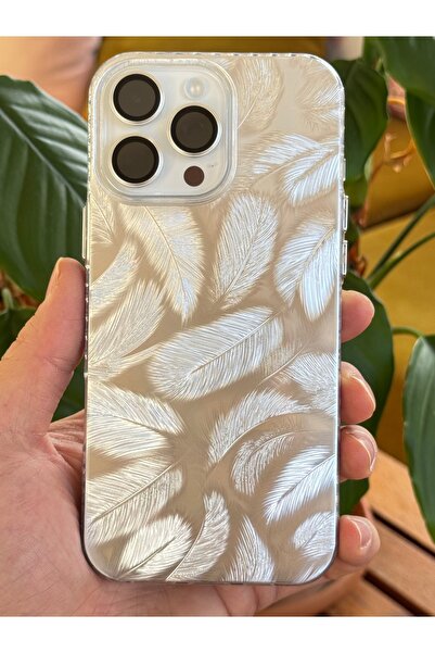 Fibaks iPhone 16 Pro Compatible Case Hologram Shiny White Leaf Pattern Shock Absorbing Camera Protection