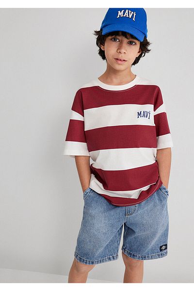 Mavi Logo Printed Red Striped T-Shirt Loose Fit / Loose Relaxed Fit 6610183 -88061
