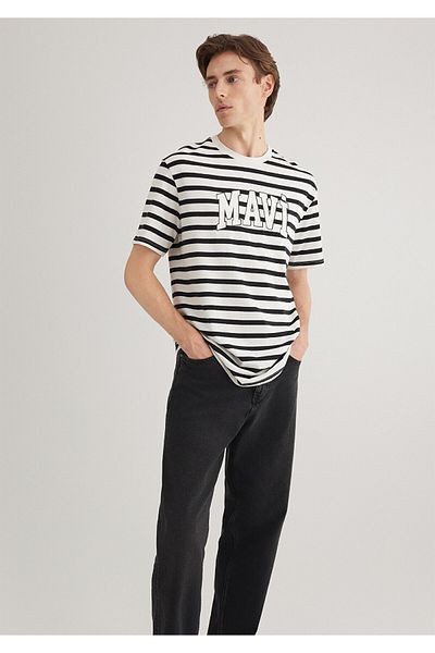 Mavi Λευκό μπλουζάκι με ριγέ στάμπα με λογότυπο Loose Fit / Loose Relaxed Fit 0612421 -900