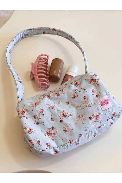 girlsybags Geantă de umăr pentru femei Geantă florală cu curea Geantă baghetă Geantă din material textil cu fermoar Geantă de mână albastră