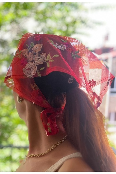 VENÜS MODA by Pınar Red Bandana New Season Floral Embroidered Tulle Scarf Foulard Hair Accessory