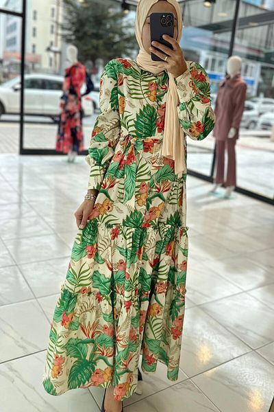 Cashmere Moda Women'S, Patterned, Long Sleeve, Buttoned, Flared, Full Length Long Dress