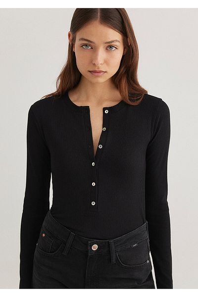 Mavi Long Sleeve Button Detail Black T-Shirt Fitted / Body Fitted Cutout 1612886 -900