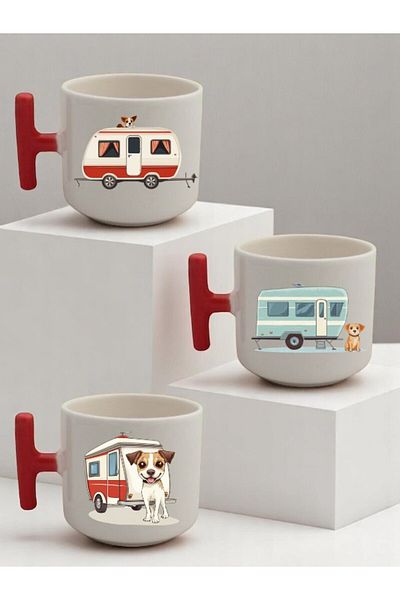 lili hediyelik Caravan and Dog Printed 3-Piece Red Handled Mug