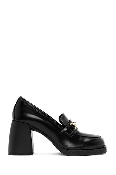Derimod Women's Black Buckle Detailed Thick High Heeled Leather Loafer 24Wfd 141322
