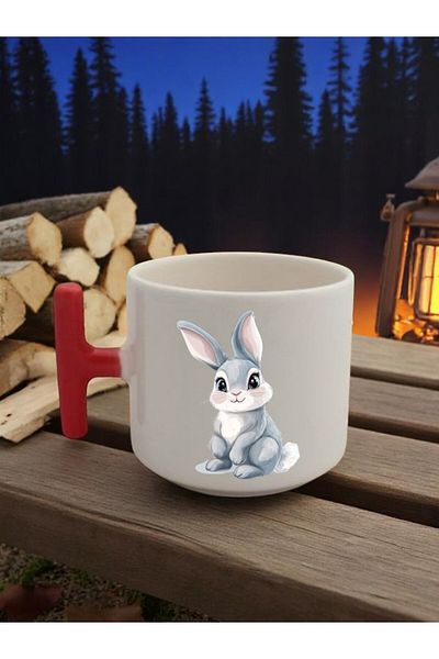 lili hediyelik Rabbit Printed 3-Piece Red Handled Mug