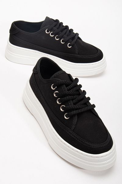 Tonny Black Women's Black Poly Sole Linen Rope Lace-Up Sports Shoes