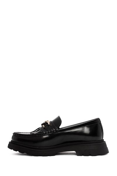 Derimod Black Buckle Detailed Women's Loafer - Masculine Leather 24WFD 420622