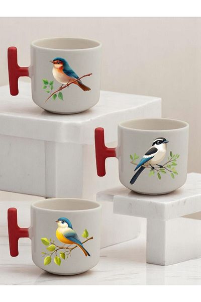 lili hediyelik Cute Bird on a Branch Printed 3-Piece Red Handled Mug
