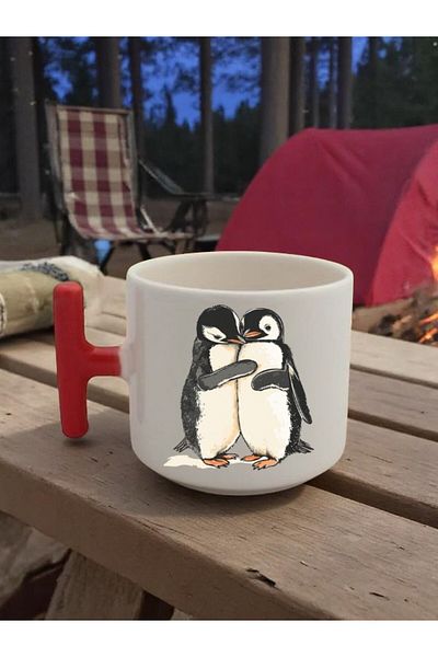 lili hediyelik Penguin Printed 3-Piece Red Handled Mug