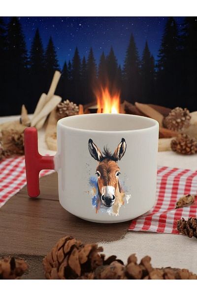 lili hediyelik Donkey Printed 3-Piece Red Handled Mug