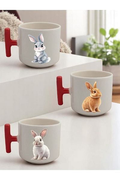 lili hediyelik Rabbit Printed 3-Piece Red Handled Mug