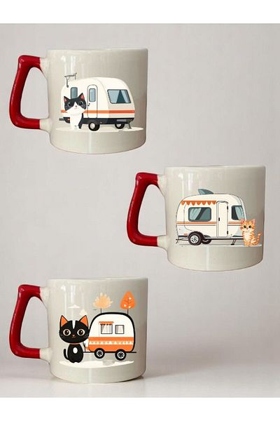 lili hediyelik Cat and Caravan Printed 3-Piece Red Handled Ceramic Mug Cup Coffee Cup