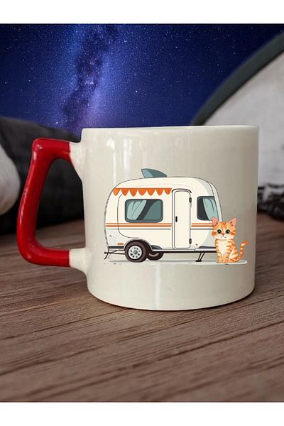 lili hediyelik Cat and Caravan Printed 3-Piece Red Handled Ceramic Mug Cup Coffee Cup