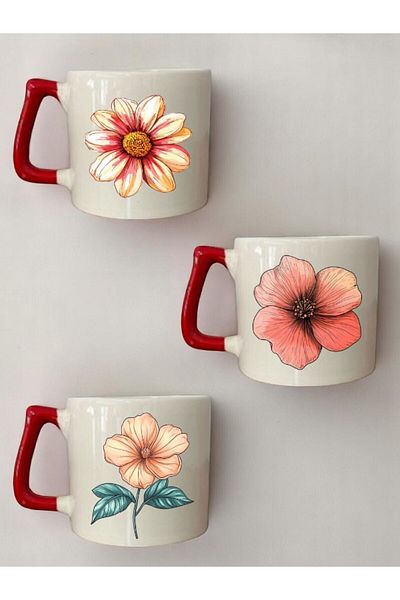 lili hediyelik Flower Printed 3-Piece Red Handled Ceramic Mug Cup Coffee Cup