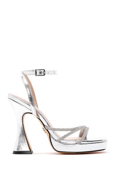 Derimod Women's Silver Ankle Strap Thick High Heeled Evening Dress Sandals, Heeled Shoes 25Sfd441014