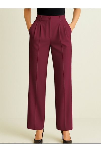 Modamorfo Single Button Front Fold Detailed Pocket Trousers - Burgundy