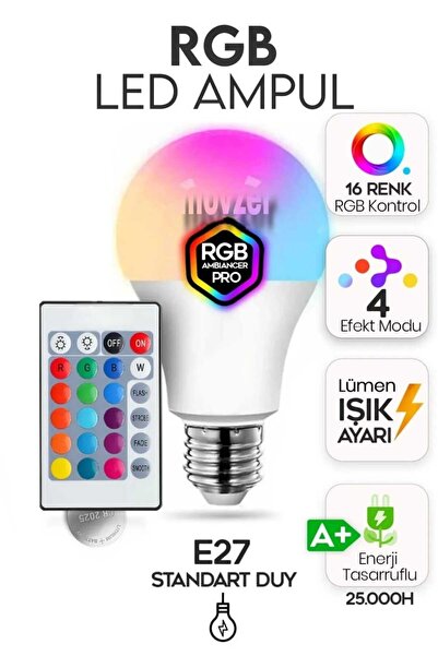 movzer Rgp 9w Rgb Led Ampul Çok Renkli Renk Değiştiren Kumandalı