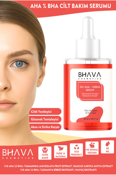 bhava cosmetics Aha Bha Serum Canlandırıcı & Cilt Tonu Eşitleyici Bitkisel Kırmızı Peeling Cilt Bakım Serumu