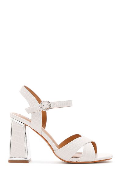 Derimod Women's White Ankle Strap Thick Heeled Shoes Crocodile Sandals 25Sfe4623E3