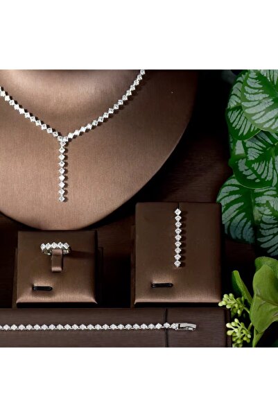 VİYA Chole Zirkon Taşlı Takı Seti Kolye Küpe Bileklik Yüzük Set Düğün Nişan Seti