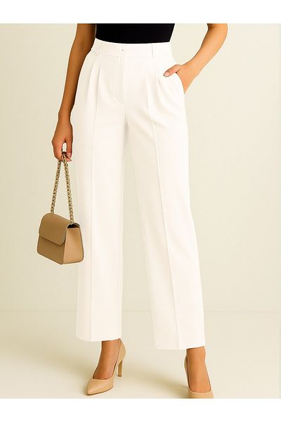Modamorfo One Button Front Fold Detailed Pocket Trousers -White