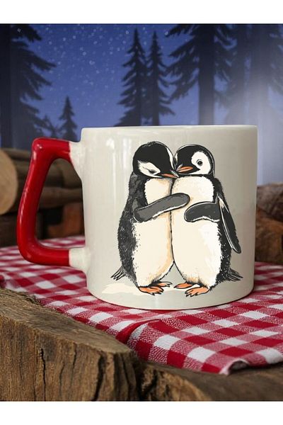 lili hediyelik Penguin 3-Piece Red Handled Ceramic Mug Cup Coffee Cup